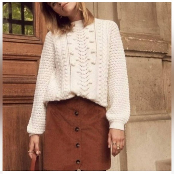 Sezane Cream Popcorn Cable knit 100% soft wool sweater pullover jumper Sz XS - Picture 13 of 15